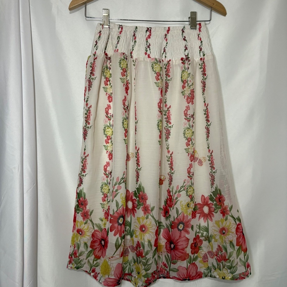 Vintage Floral Butterfly Midi‎ Skirt White Red Smocked Back Waist Size L - Picture 4 of 8